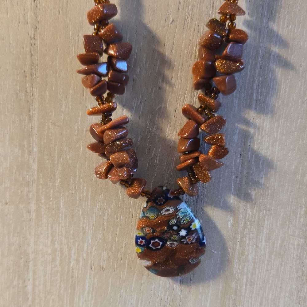 Goldstone Beads With Millefiori Beads & Goldstone Pendant 20 Inches Brown Glass